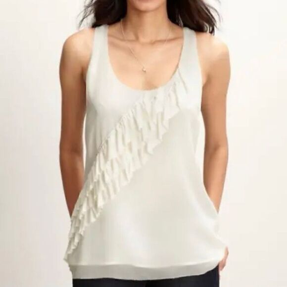 Banana Republic Cream Silk Asymmetrical Ruffle Sleeveless Top | Size Small - Picture 1 of 7